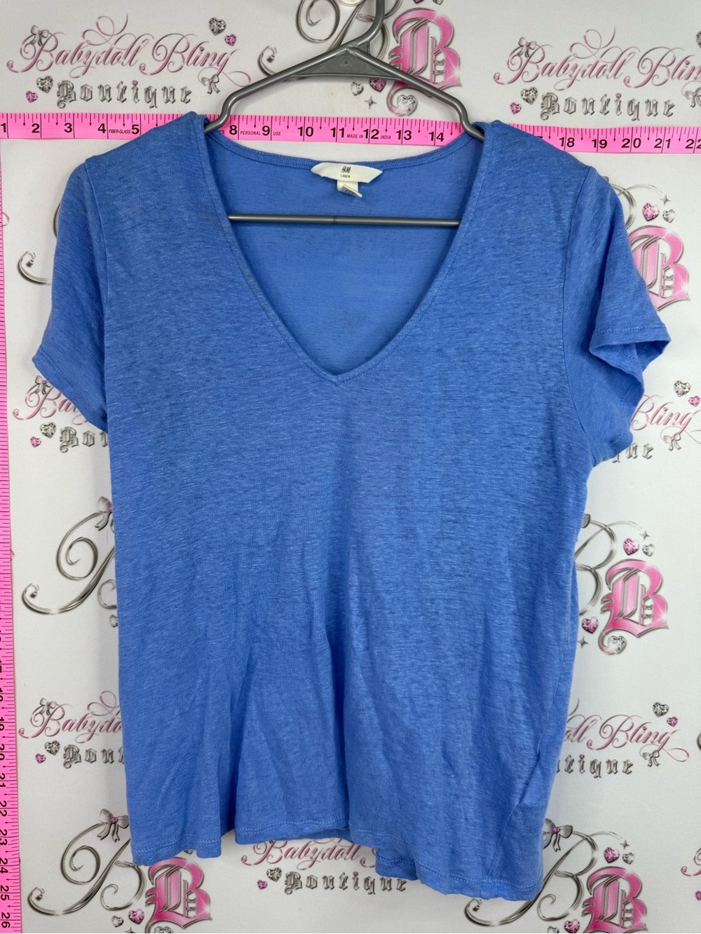 H&M linen tshirt Women's V-Neck Short Sleeve Tee in Blue